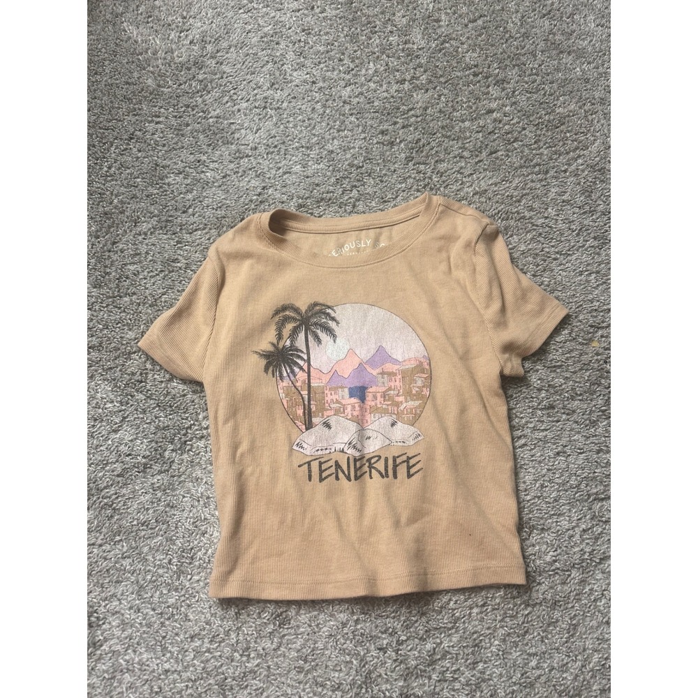Aeropostale Seriously Soft Tenerife Graphic Baby Tee Tan Ribbed Small